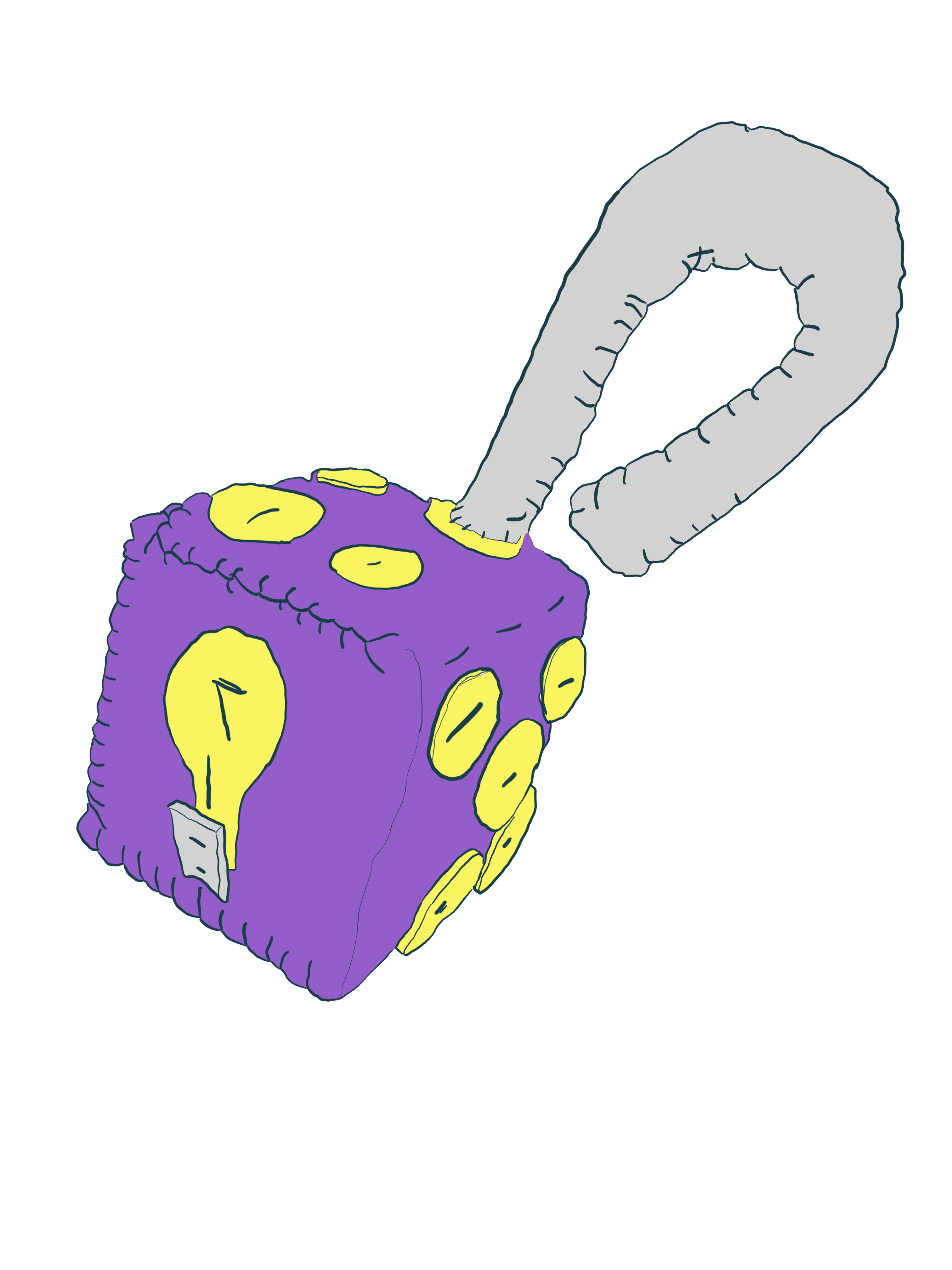 unlocked idea die. drawing of a purple die that appears to have been sewn out of felt. For a 1, it has a lightbulb. on top, it has the metal shank of a padlock, in an unlocked position